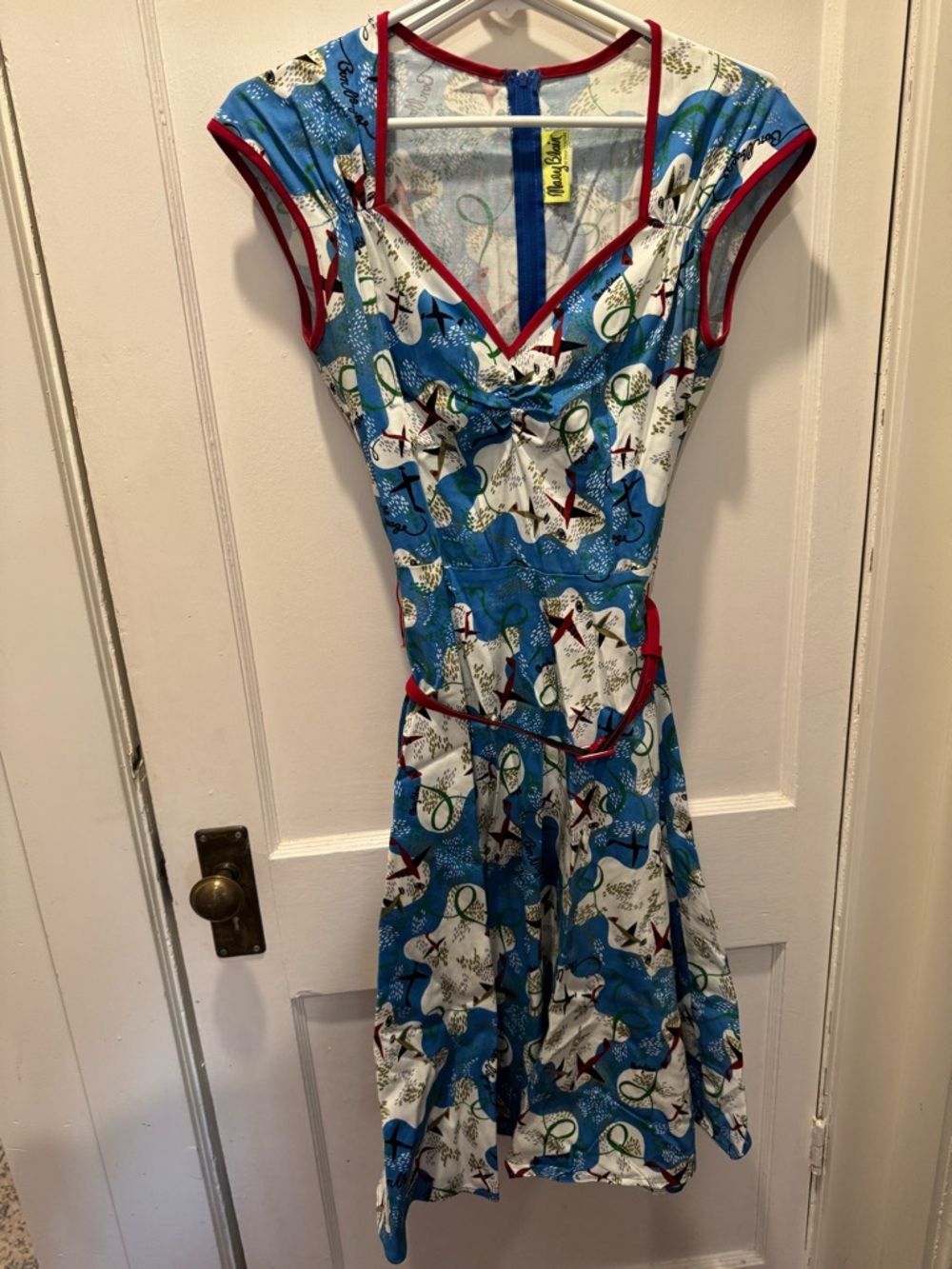 Vintage-Inspired Blue & White Cap-Sleeve Fit-and-Flare Dress